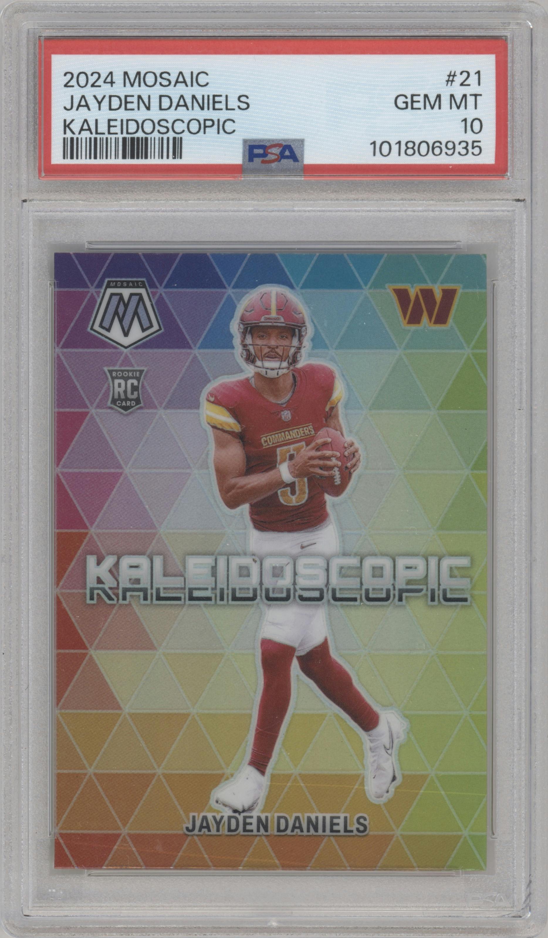 Jayden Daniels from the 2024 Panini Mosaic set graded by PSA and given an overall grade of 10.