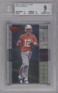 Tom Brady from the 2000 Upper Deck Ultimate Victory set graded by Beckett and given an overall grade of 9.