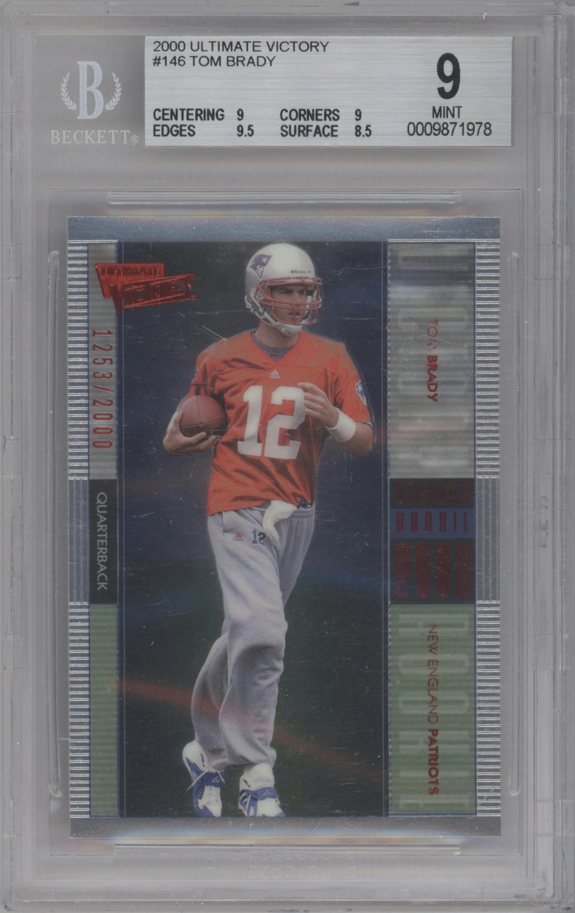 Tom Brady from the 2000 Upper Deck Ultimate Victory set graded by Beckett and given an overall grade of 9.