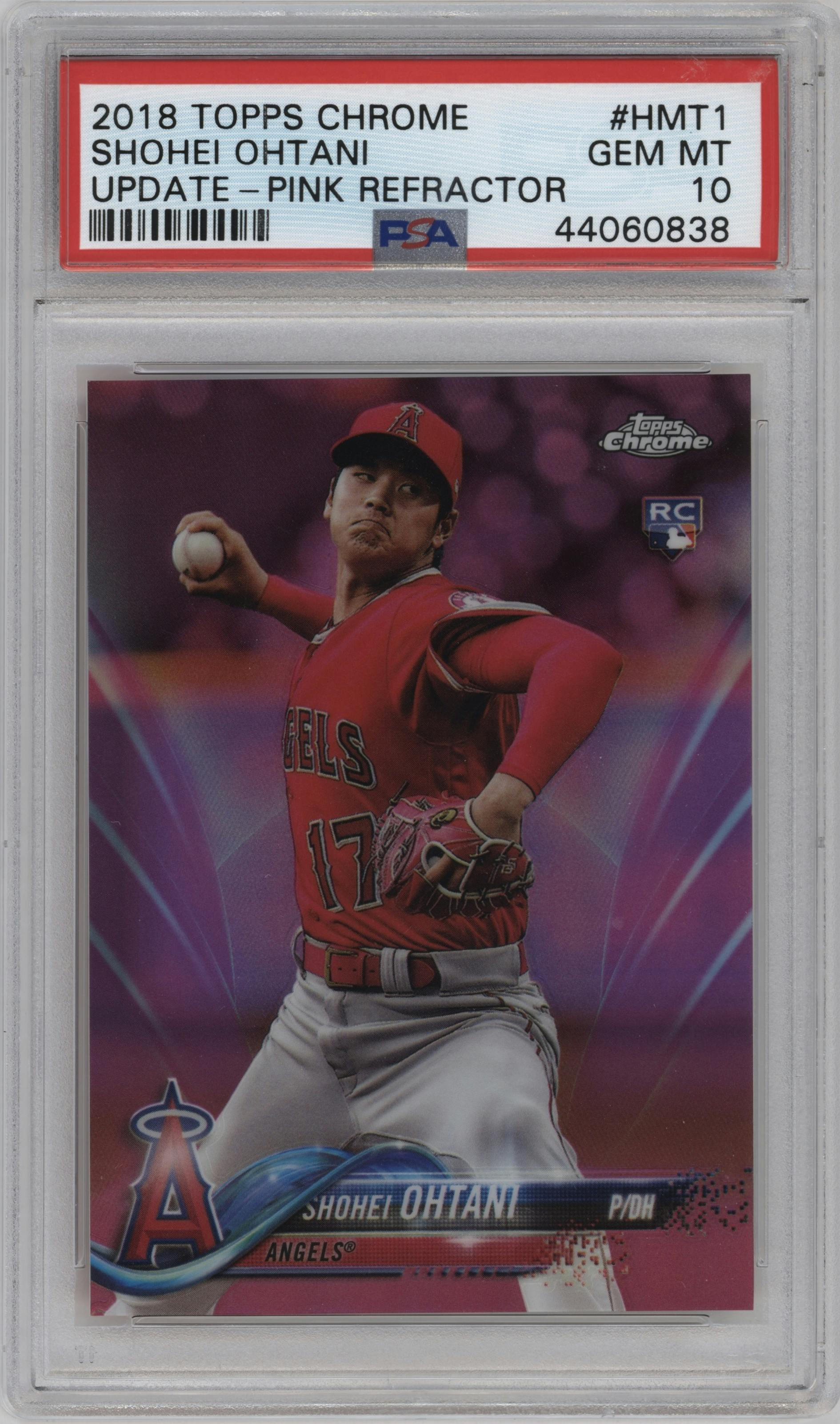 Shohei Ohtani from the 2018 Topps Chrome Update  set featuring a Pink Refractor parallel graded by PSA and given an overall grade of 10.