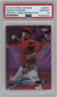 Shohei Ohtani from the 2018 Topps Chrome Update set featuring a Pink Refractor parallel graded by PSA and given an overall grade of 10.