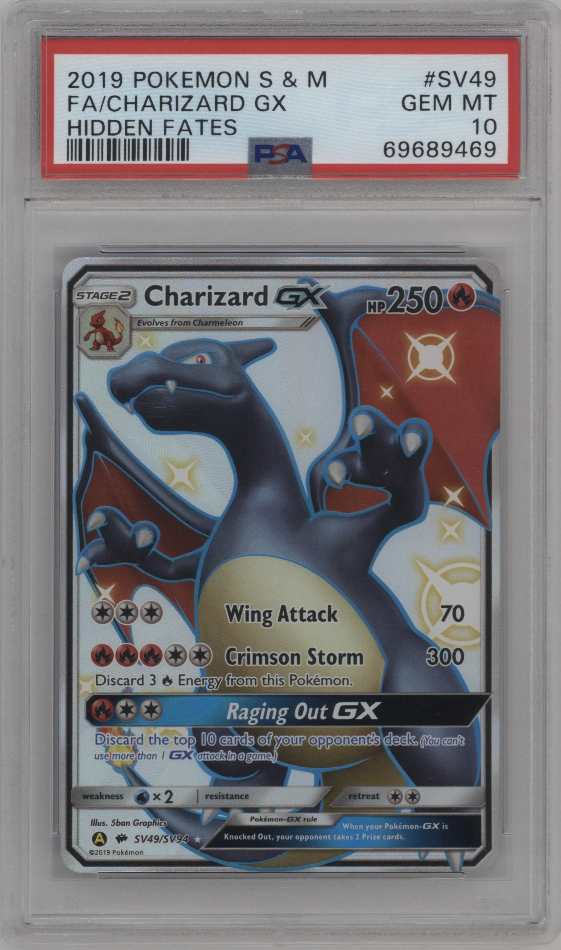 2019 Pokemon S&M Hidden Fates Charizard GX #SV49 PSA 10