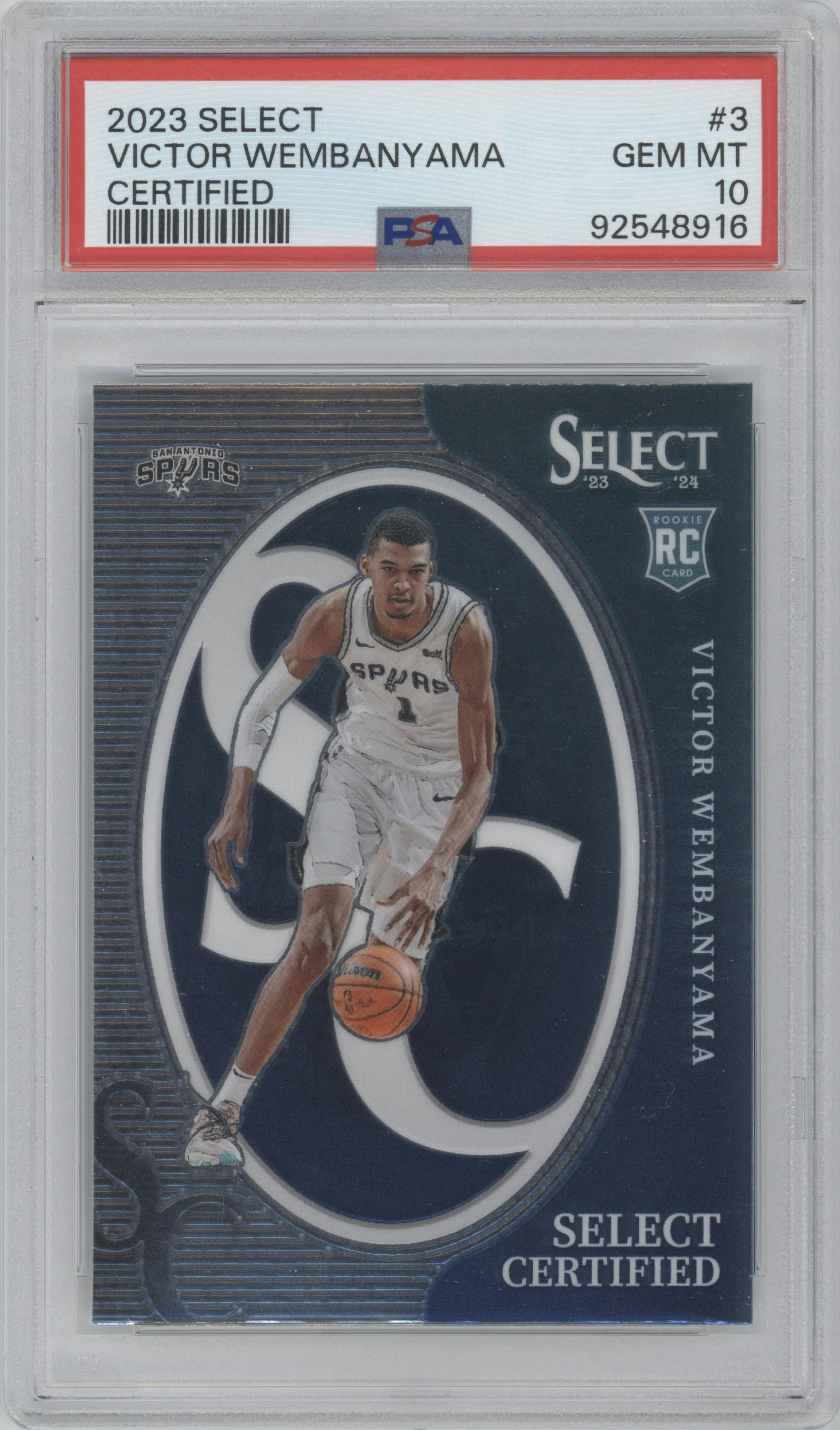 Victor Wembanyama from the 2023-24 Panini Select  set graded by PSA and given an overall grade of 10.