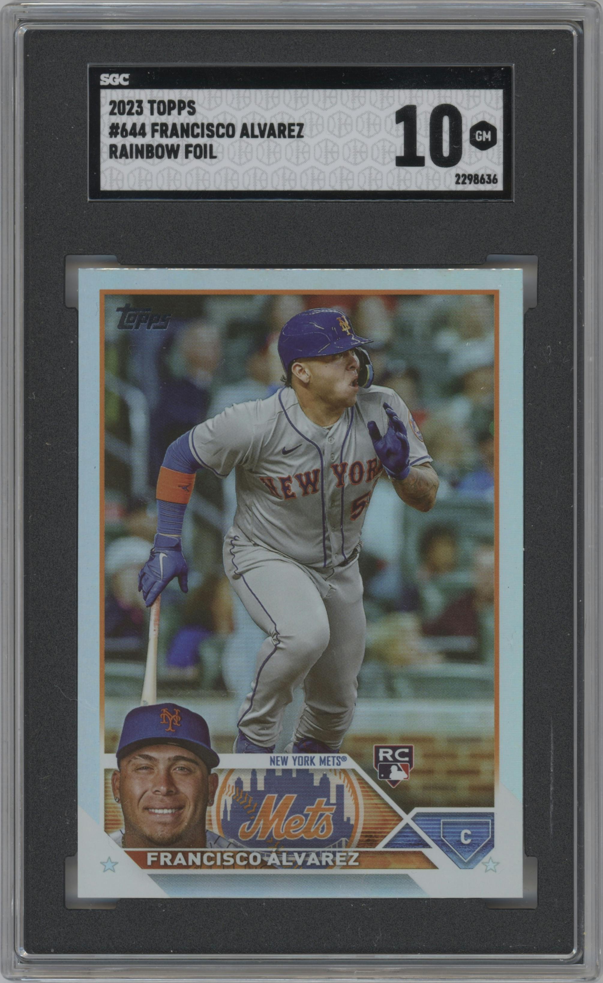 Francisco Alvarez from the 2023 Topps Series 2 set featuring a Rainbow Foil parallel graded by SGC and given an overall grade of 10.