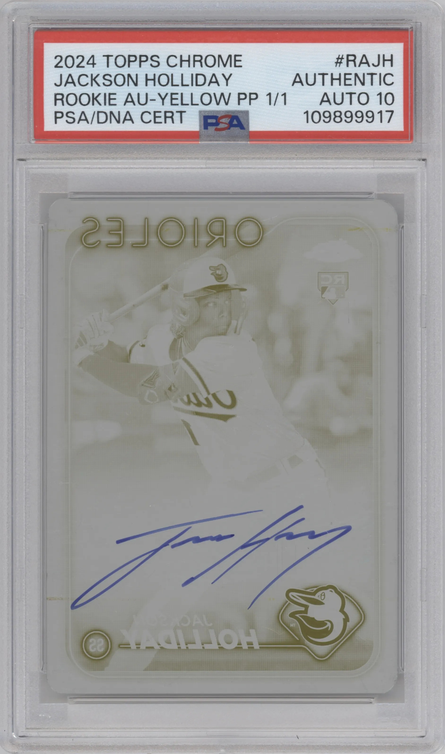 2024 Topps Chrome Rke.Auto Jackson Holliday Printing Plate Yellow PSA AUTHENTIC PSA