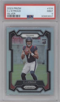 C.J. Stroud from the 2023 Panini Prizm set featuring a Silver Prizm parallel graded by PSA and given an overall grade of 9.