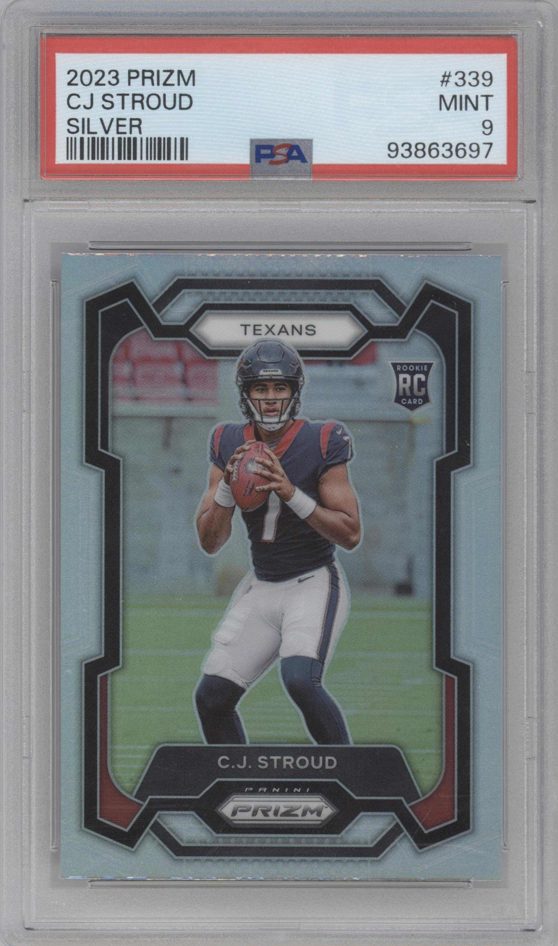 C.J. Stroud from the 2023 Panini Prizm set featuring a Silver Prizm parallel graded by PSA and given an overall grade of 9.