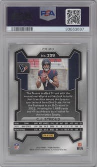 C.J. Stroud from the 2023 Panini Prizm set featuring a Silver Prizm parallel graded by PSA and given an overall grade of 9.