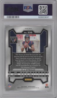 C.J. Stroud from the 2023 Panini Prizm set featuring a Silver Prizm parallel graded by PSA and given an overall grade of 9.
