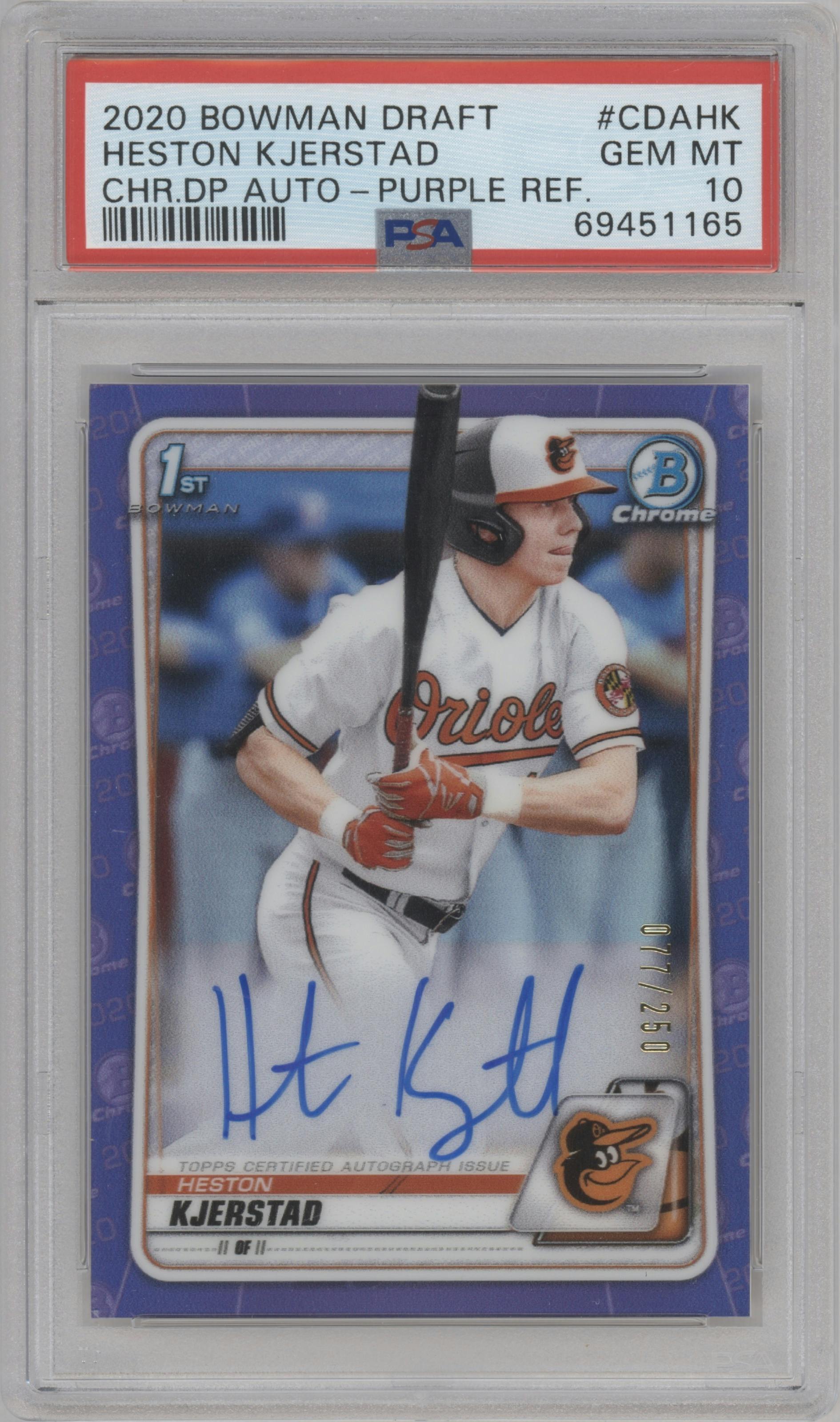 Heston Kjerstad from the 2020 Bowman Draft set featuring a Purple Refractor parallel graded by PSA and given an overall grade of 10.