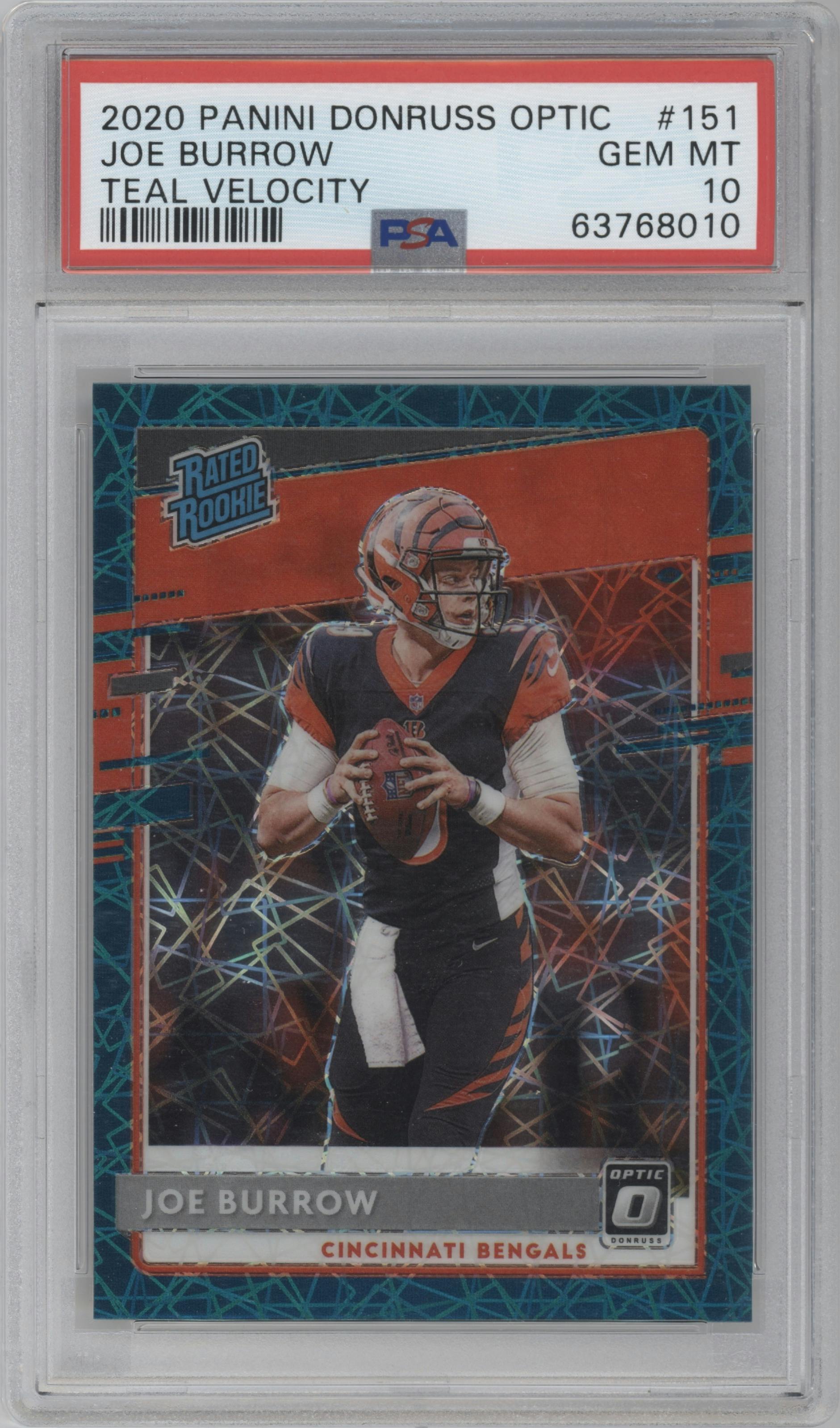 Joe Burrow from the 2020 Panini Donruss Optic set featuring a Teal Velocity parallel graded by PSA and given an overall grade of 10.