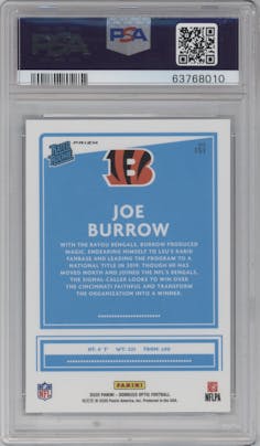 Joe Burrow from the 2020 Panini Donruss Optic set featuring a Teal Velocity parallel graded by PSA and given an overall grade of 10.