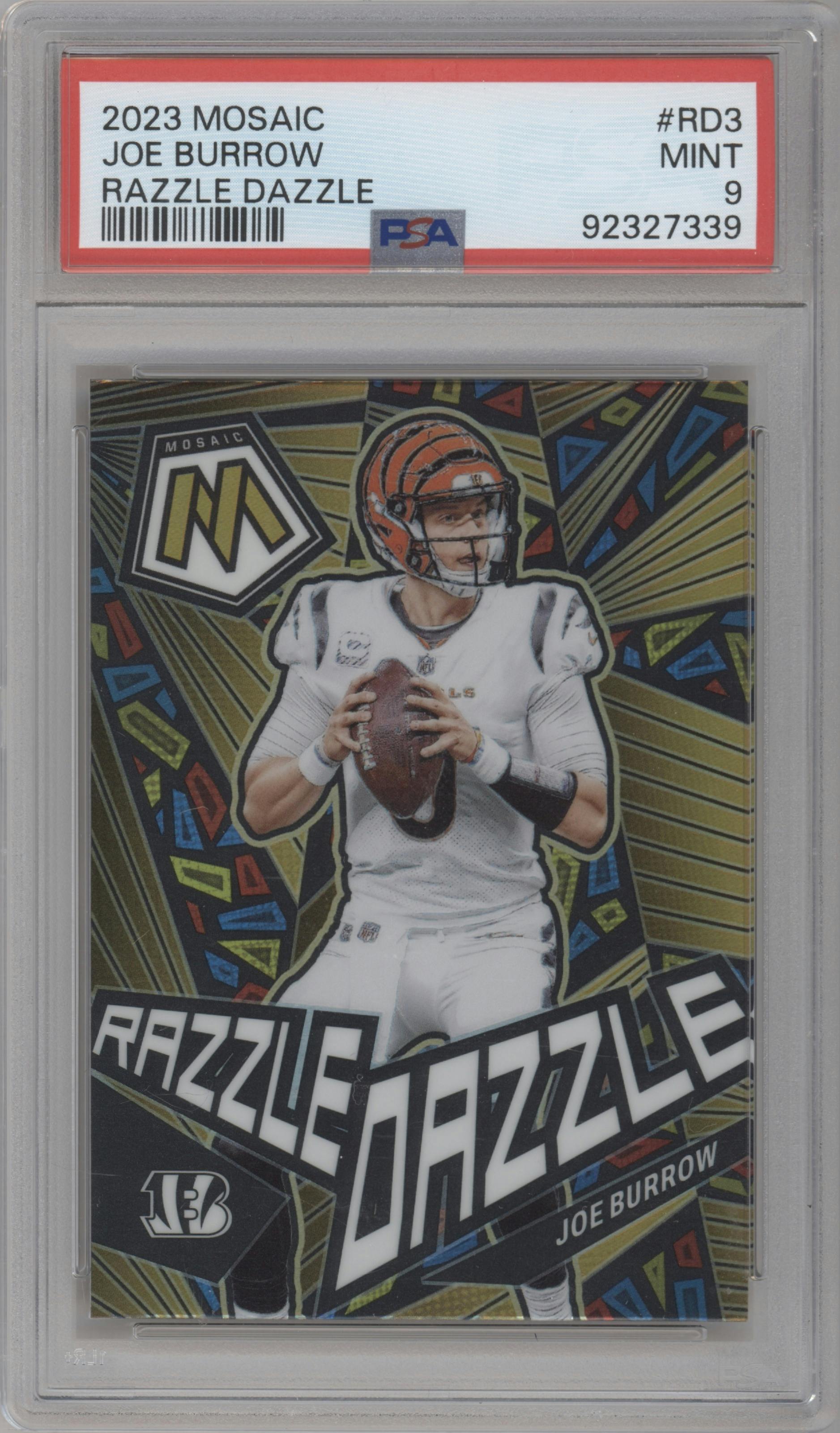 Joe Burrow from the 2023 Panini Mosaic set graded by PSA and given an overall grade of 9.