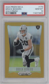 Brock Bowers from the 2024 Panini Prizm Deca set featuring a Gold Prizm parallel graded by PSA and given an overall grade of 10.