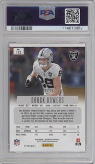Brock Bowers from the 2024 Panini Prizm Deca set featuring a Gold Prizm parallel graded by PSA and given an overall grade of 10.