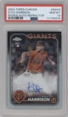 Kyle Harrison from the 2024 Topps Chrome set featuring a Refractor parallel graded by PSA and given an overall grade of 10.