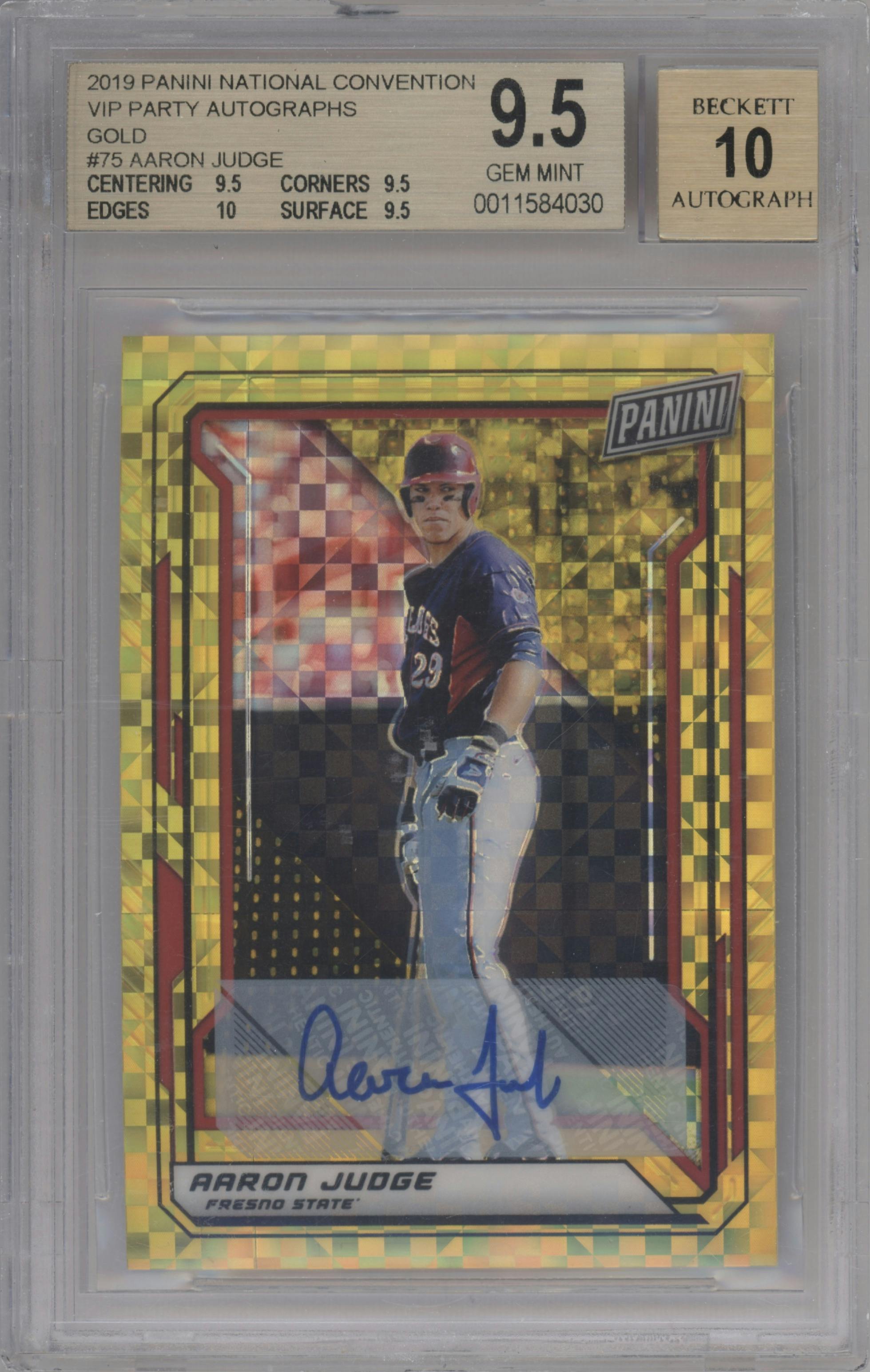 Aaron Judge from the 2019 Panini The National VIP set featuring a Gold parallel graded by Beckett and given an overall grade of 9.5.
