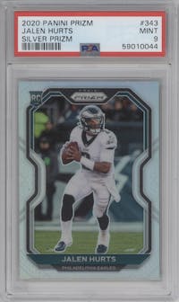 Jalen Hurts from the 2020 Panini Prizm set featuring a Silver Prizm parallel graded by PSA and given an overall grade of 9.