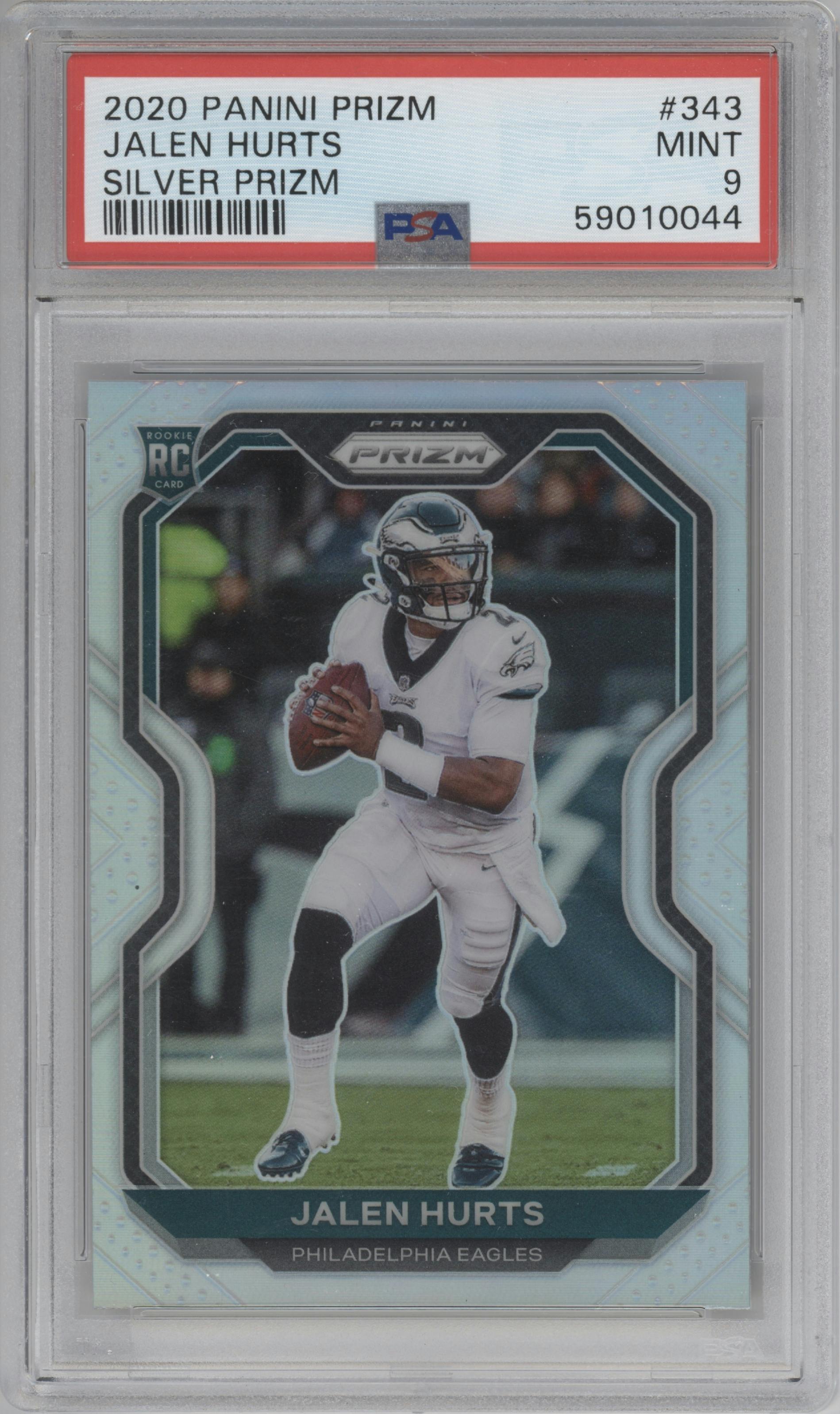 Jalen Hurts from the 2020 Panini Prizm set featuring a Silver Prizm parallel graded by PSA and given an overall grade of 9.