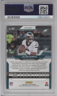 Jalen Hurts from the 2020 Panini Prizm set featuring a Silver Prizm parallel graded by PSA and given an overall grade of 9.