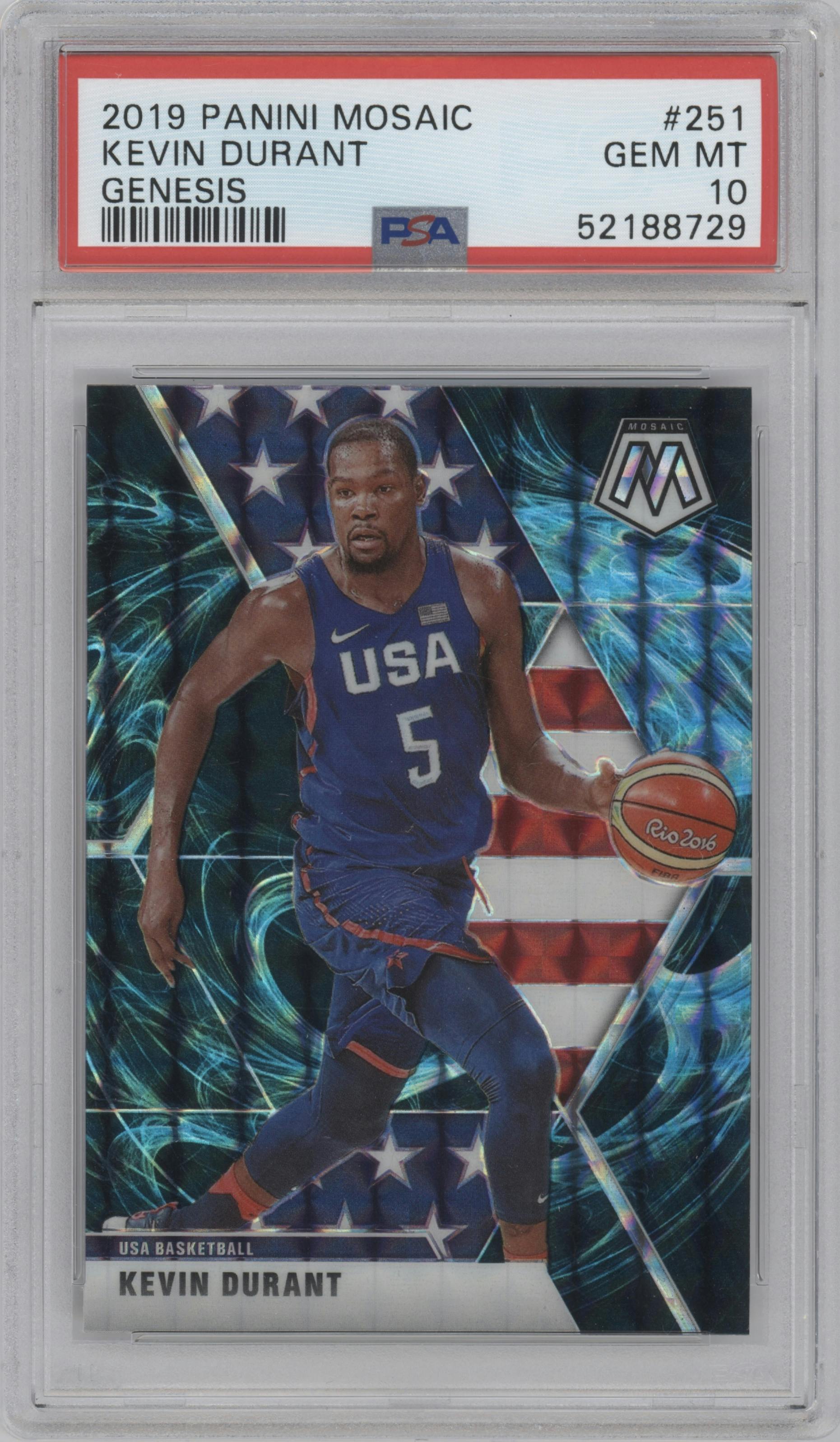 Kevin Durant from the 2019-20 Panini Mosaic  set featuring a Genesis parallel graded by PSA and given an overall grade of 10.