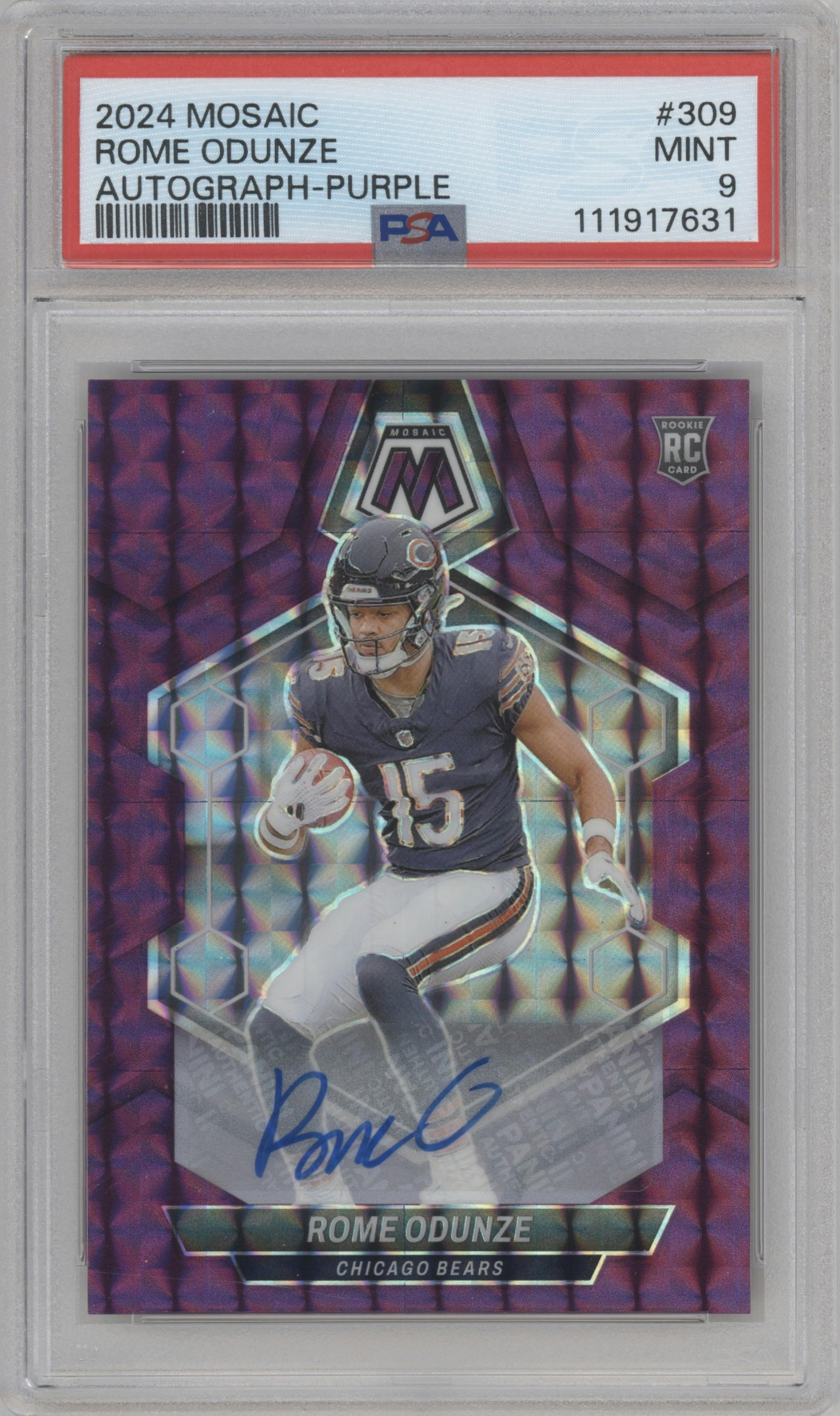 Rome Odunze from the 2024 Panini Mosaic set featuring a Purple Mosaic parallel graded by PSA and given an overall grade of 9.