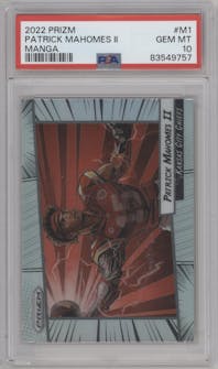 Patrick Mahomes II  from the 2022 Panini Prizm set graded by PSA and given an overall grade of 10.