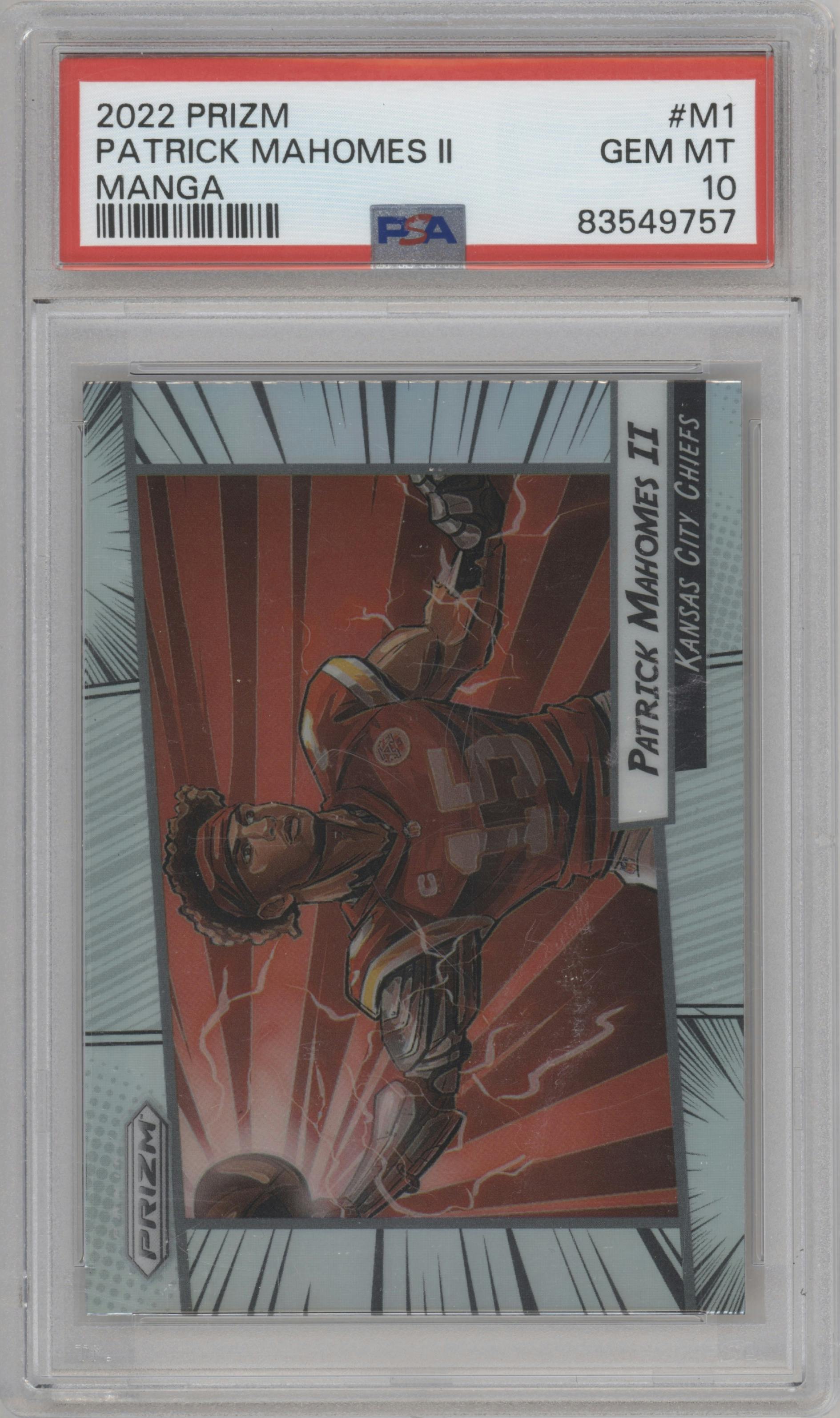 Patrick Mahomes II  from the 2022 Panini Prizm set graded by PSA and given an overall grade of 10.