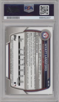 Wyatt Langford from the 2023 Bowman Draft set featuring a Refractor parallel graded by PSA and given an overall grade of 10.
