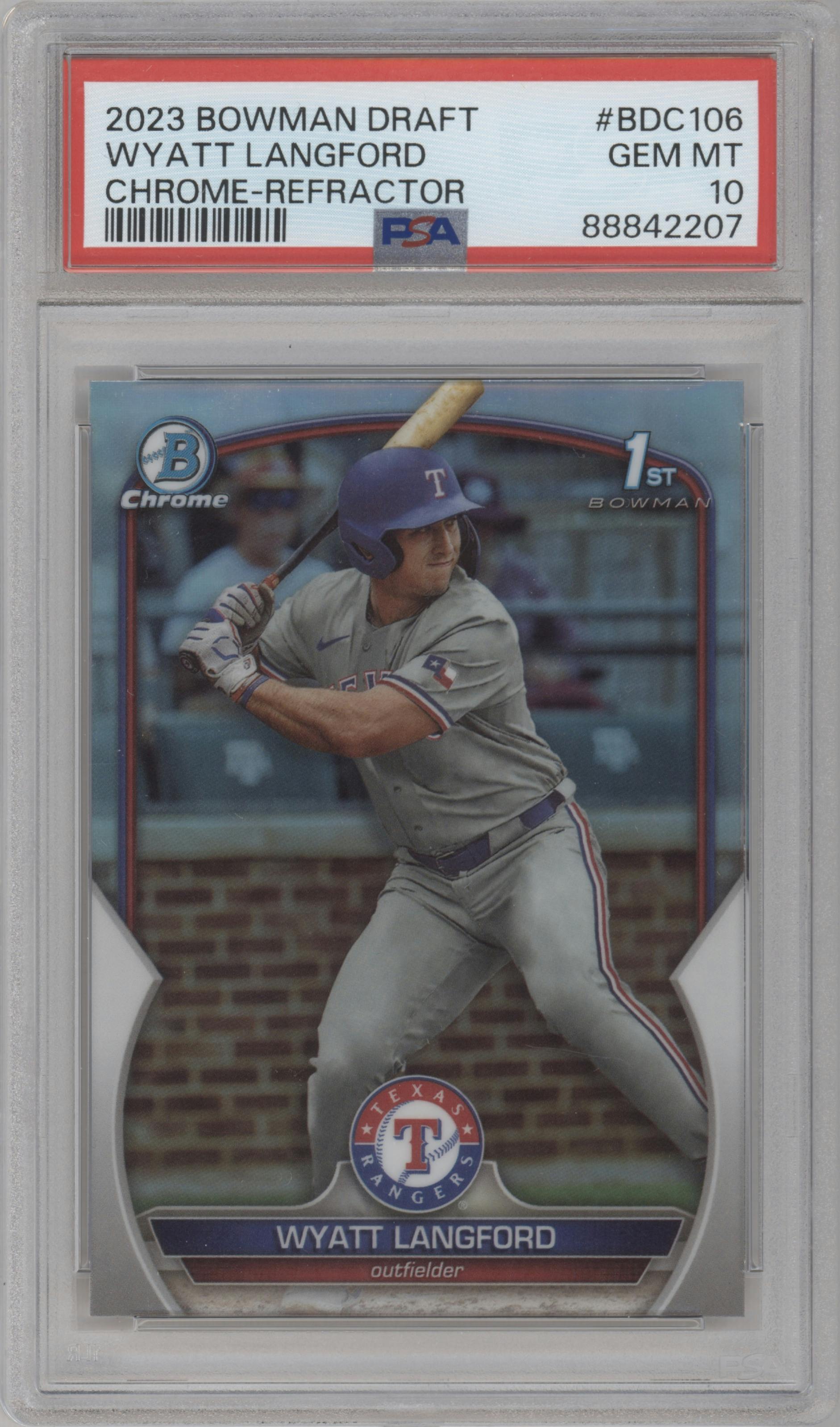 Wyatt Langford from the 2023 Bowman Draft set featuring a Refractor parallel graded by PSA and given an overall grade of 10.