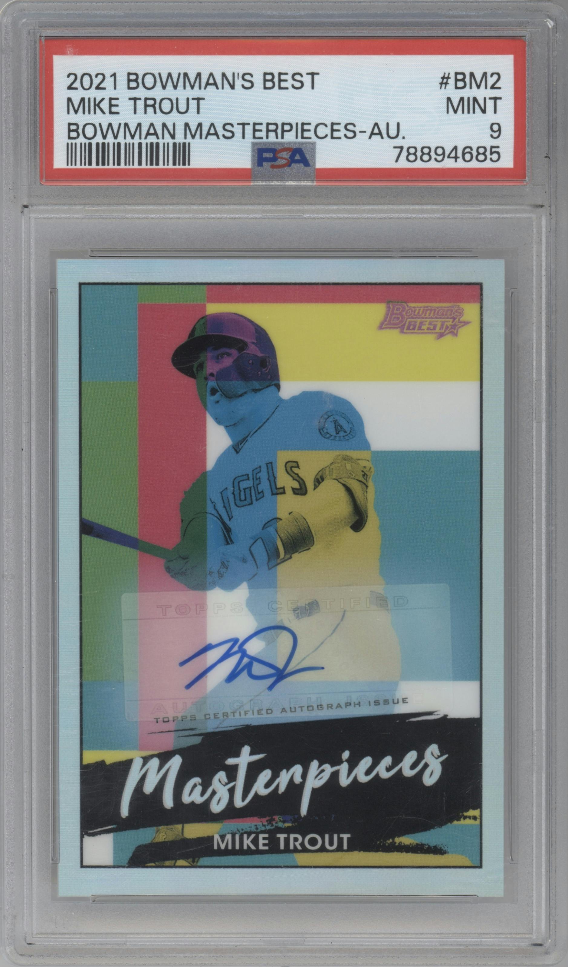 Mike Trout from the 2021 Bowman’s Best set graded by PSA and given an overall grade of 9.