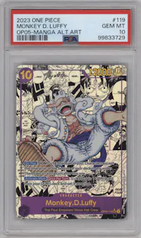 Monkey.D.Luffy from the 2023 One Piece set featuring a Manga parallel graded by PSA and given an overall grade of 10.