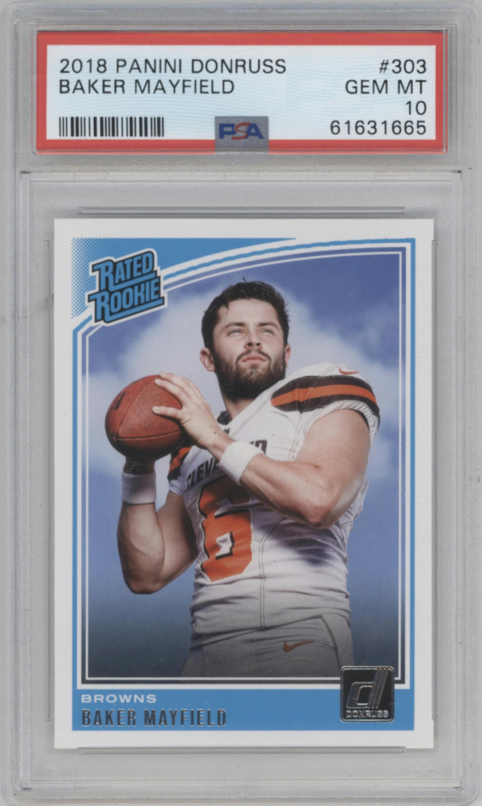 Baker Mayfield from the 2018 Panini Donruss set graded by PSA and given an overall grade of 10.
