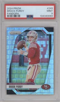 Brock Purdy from the 2024 Panini Prizm set featuring a Pandora parallel graded by PSA and given an overall grade of 9.