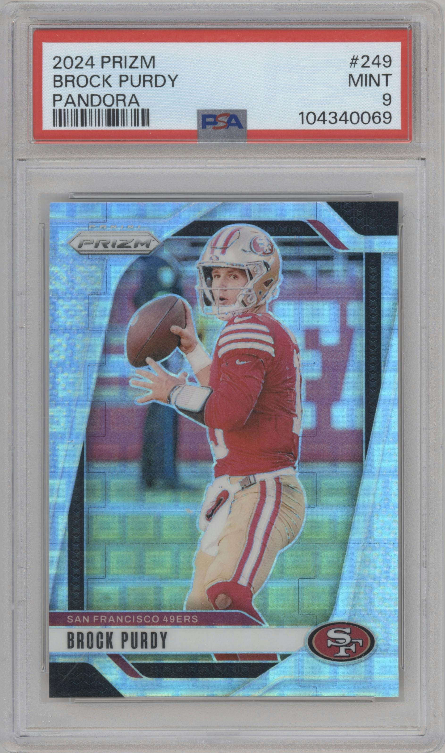 Brock Purdy from the 2024 Panini Prizm set featuring a Pandora parallel graded by PSA and given an overall grade of 9.