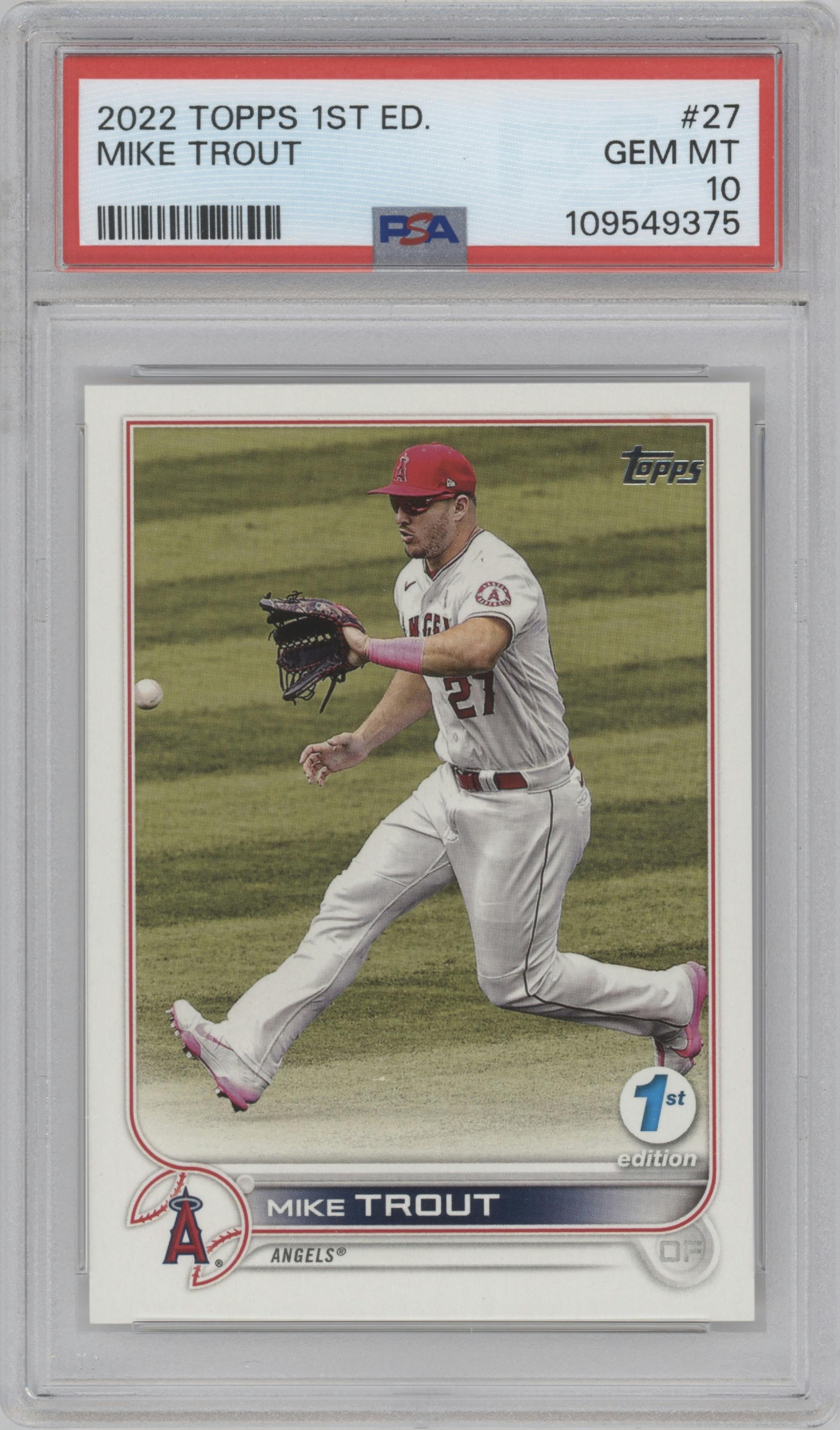Mike Trout from the 2022 Topps 1st Edition set graded by PSA and given an overall grade of 10.