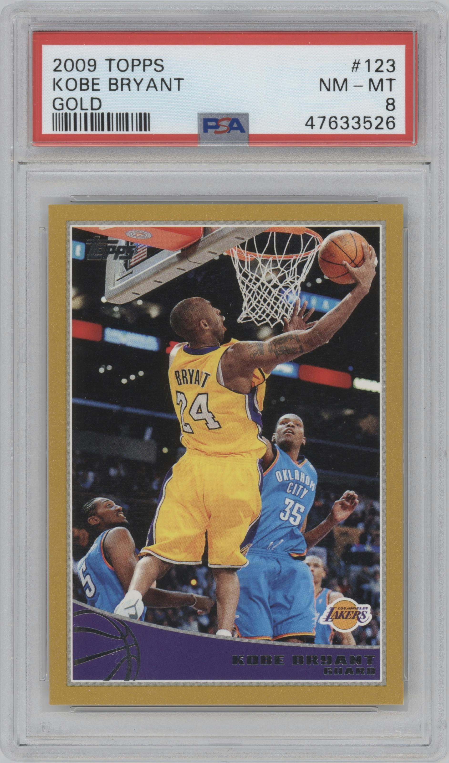 Kobe Bryant from the 2009-10 Topps set featuring a Gold parallel graded by PSA and given an overall grade of 8.