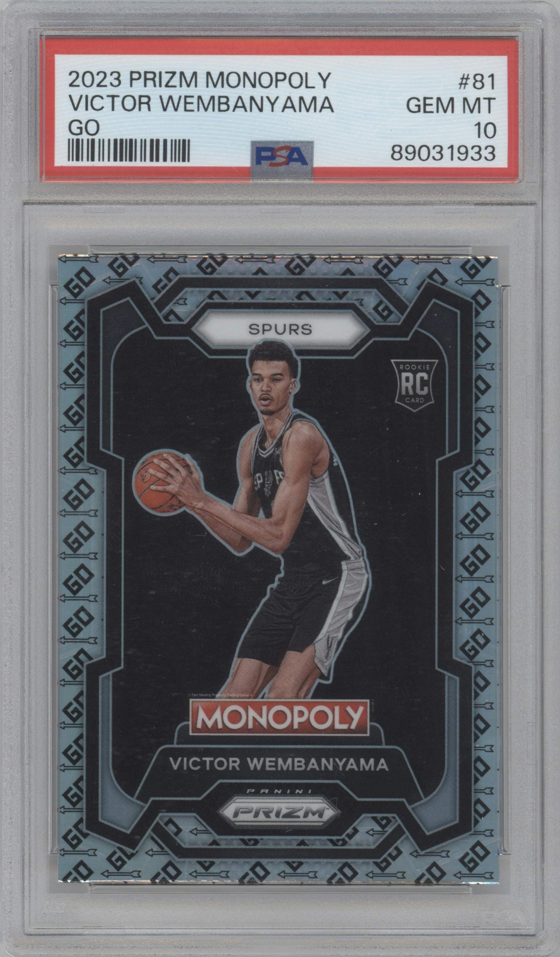 Victor Wembanyama from the 2023-24 Panini Prizm Monopoly set featuring a Go parallel graded by PSA and given an overall grade of 10.