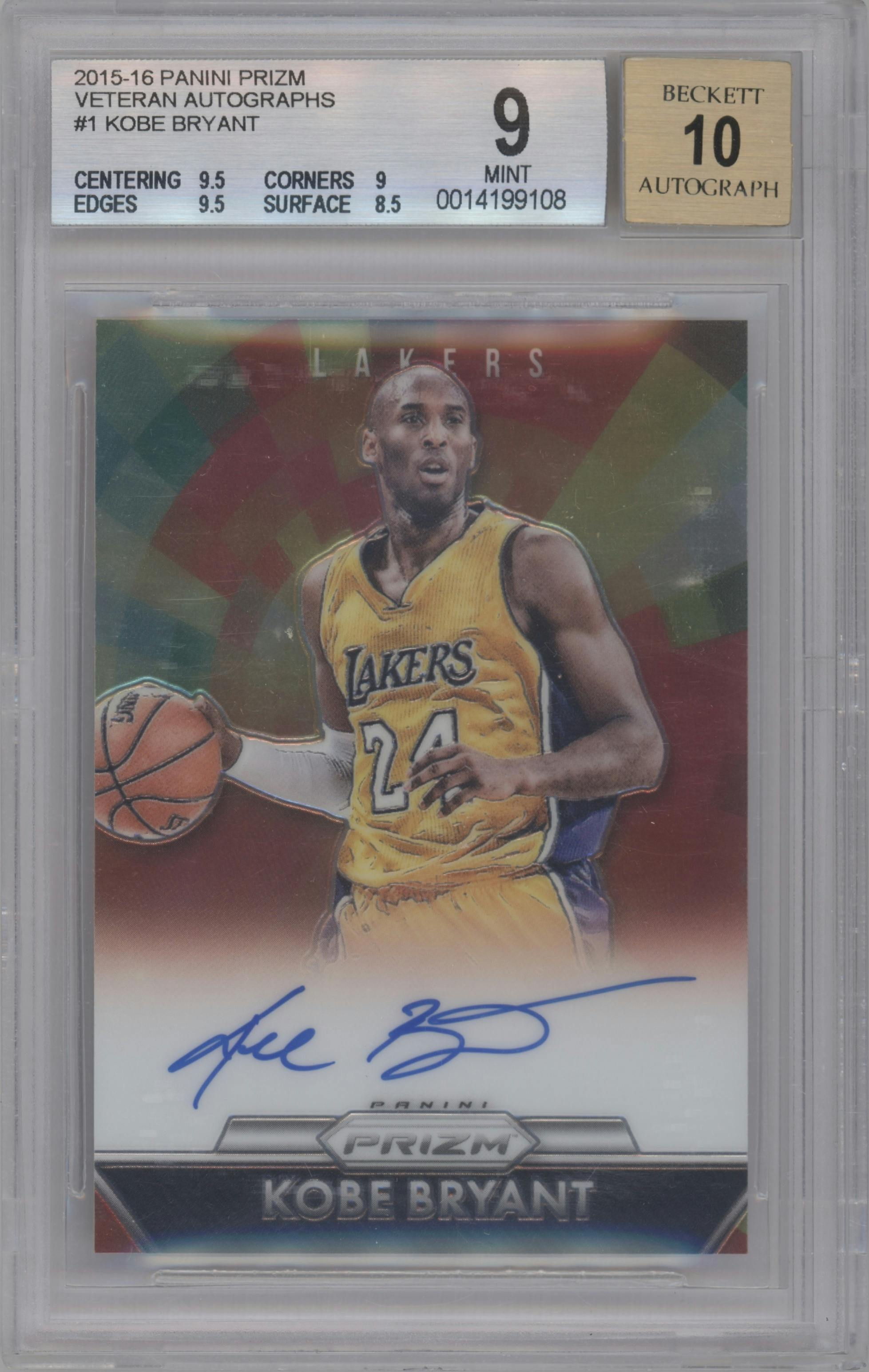 Kobe Bryant from the 2015-16 Panini Prizm  set graded by Beckett and given an overall grade of 9.