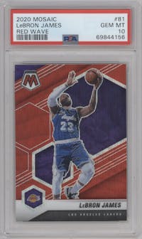 LeBron James from the 2020-21 Panini Mosaic set featuring a Red Wave parallel graded by PSA and given an overall grade of 10.
