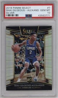 Shai Gilgeous-Alexander from the 2018-19 Panini Select  set featuring a Silver Prizm parallel graded by PSA and given an overall grade of 10.