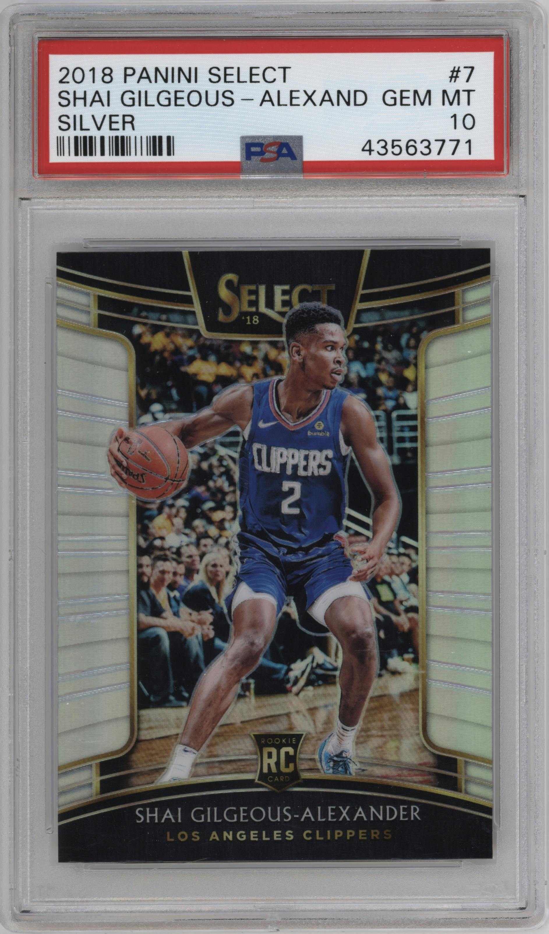 Shai Gilgeous-Alexander from the 2018-19 Panini Select  set featuring a Silver Prizm parallel graded by PSA and given an overall grade of 10.