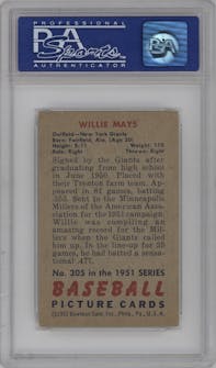 Willie Mays from the 1951 Bowman set graded by PSA and given an overall grade of 5.