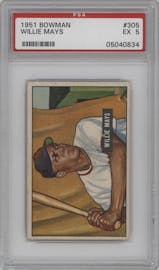 Willie Mays from the 1951 Bowman set graded by PSA and given an overall grade of 5.