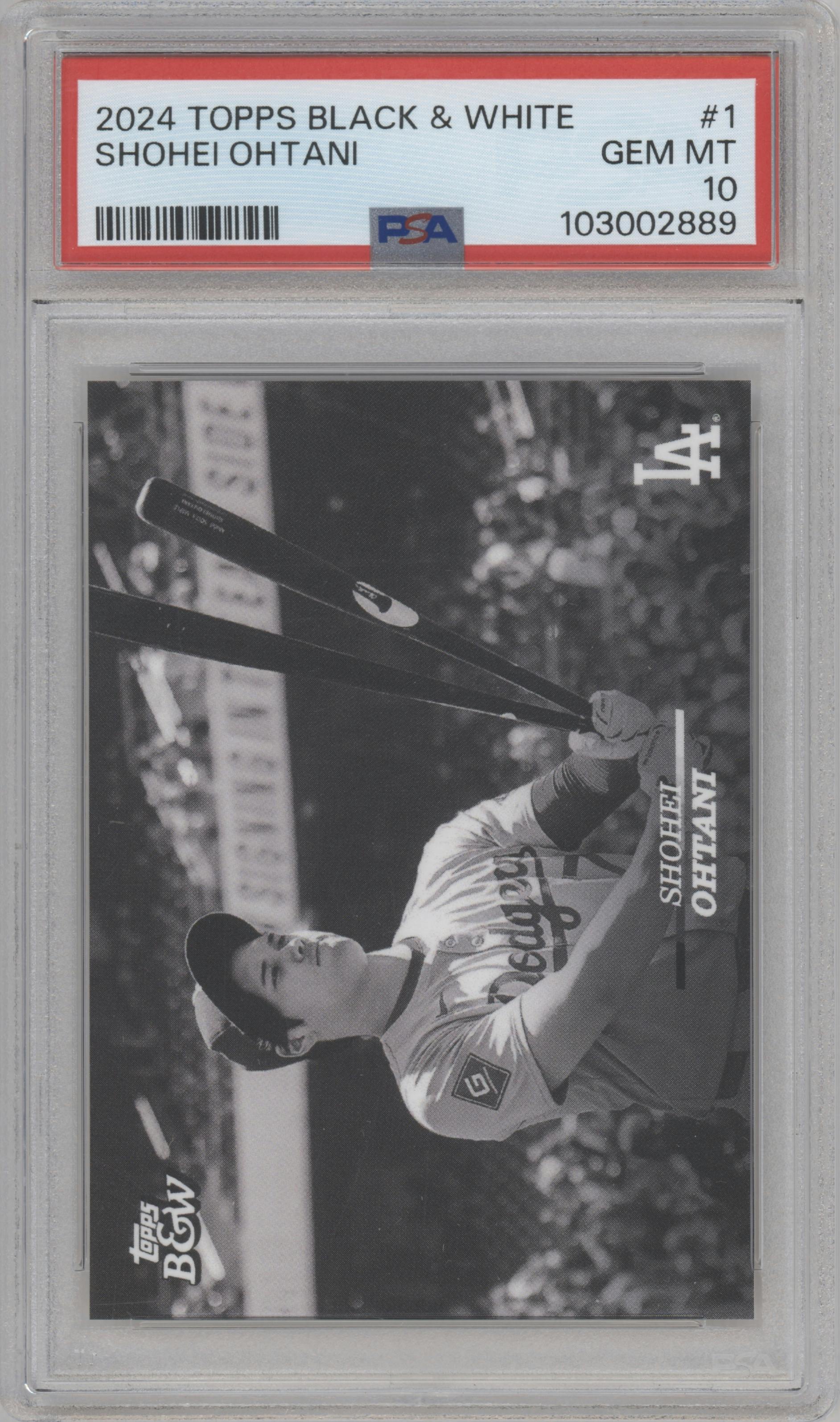 Shohei Ohtani from the 2024 Topps Black & White set graded by PSA and given an overall grade of 10.