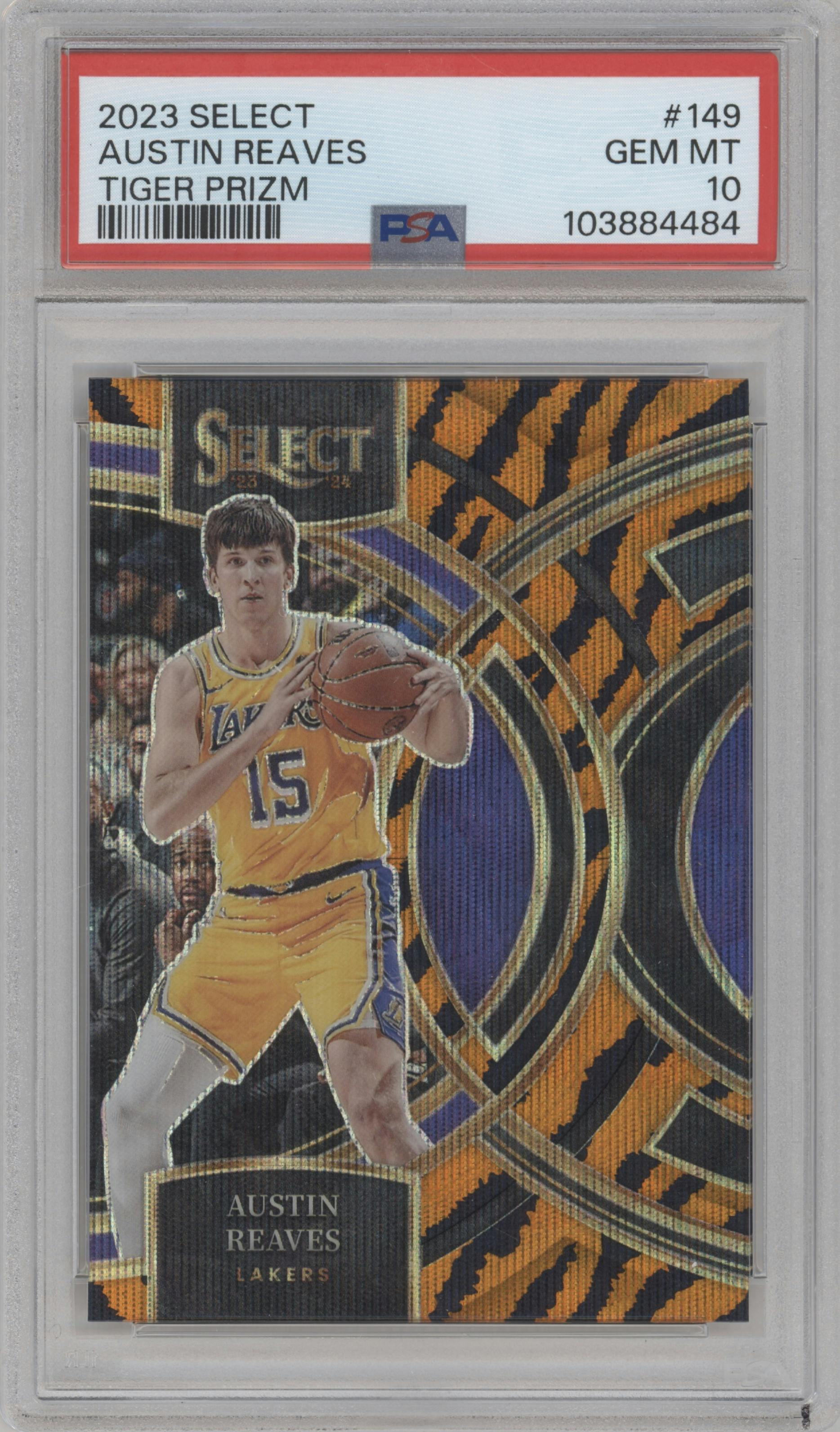 Austin Reaves from the 2023-24 Panini Select  set featuring a Tiger parallel graded by PSA and given an overall grade of 10.