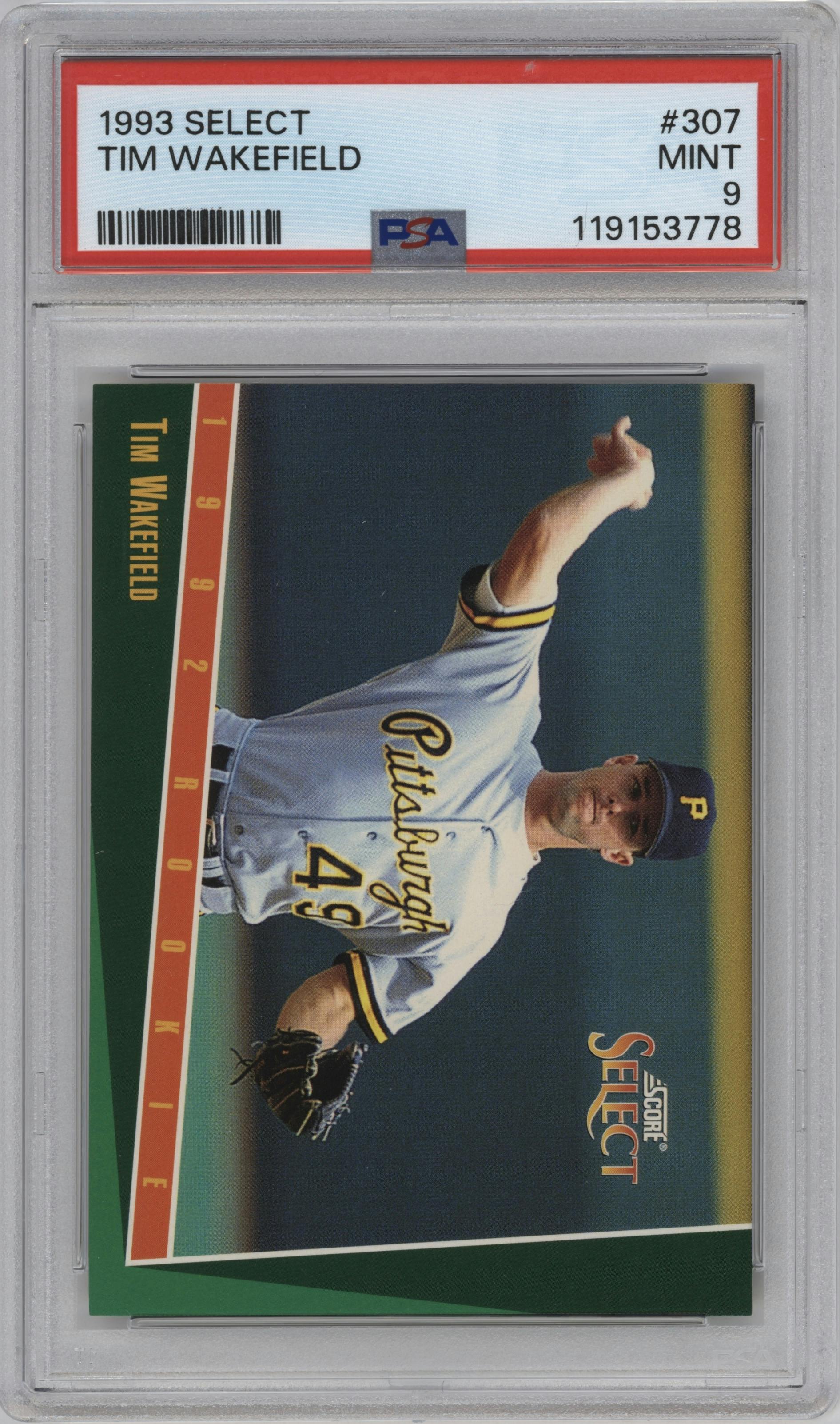 Tim Wakefield from the 1993 Score Select set graded by PSA and given an overall grade of 9.