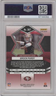 Brock Purdy from the 2022 Panini Mosaic set featuring a Reactive Orange parallel graded by PSA and given an overall grade of 9.