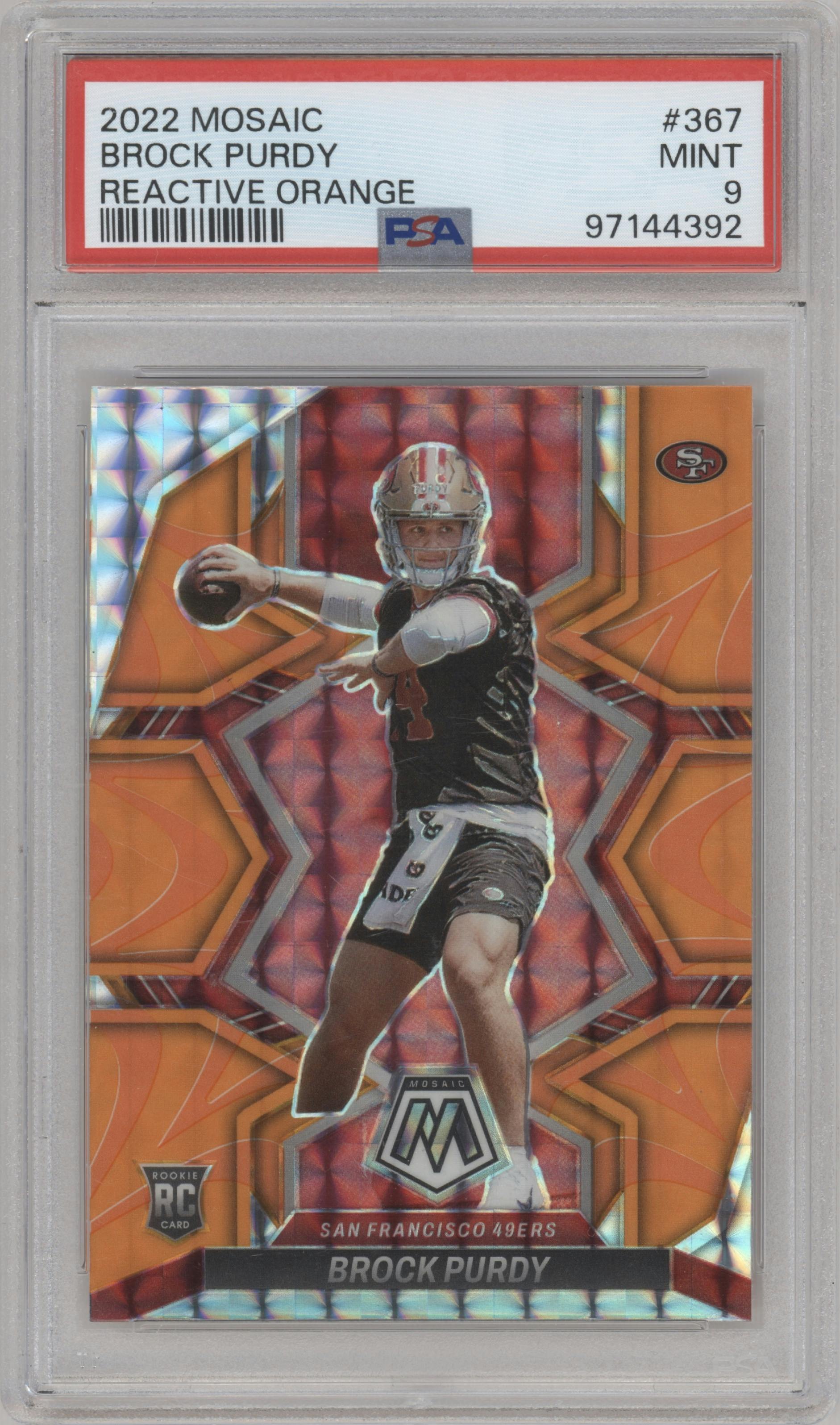 Brock Purdy from the 2022 Panini Mosaic set featuring a Reactive Orange parallel graded by PSA and given an overall grade of 9.