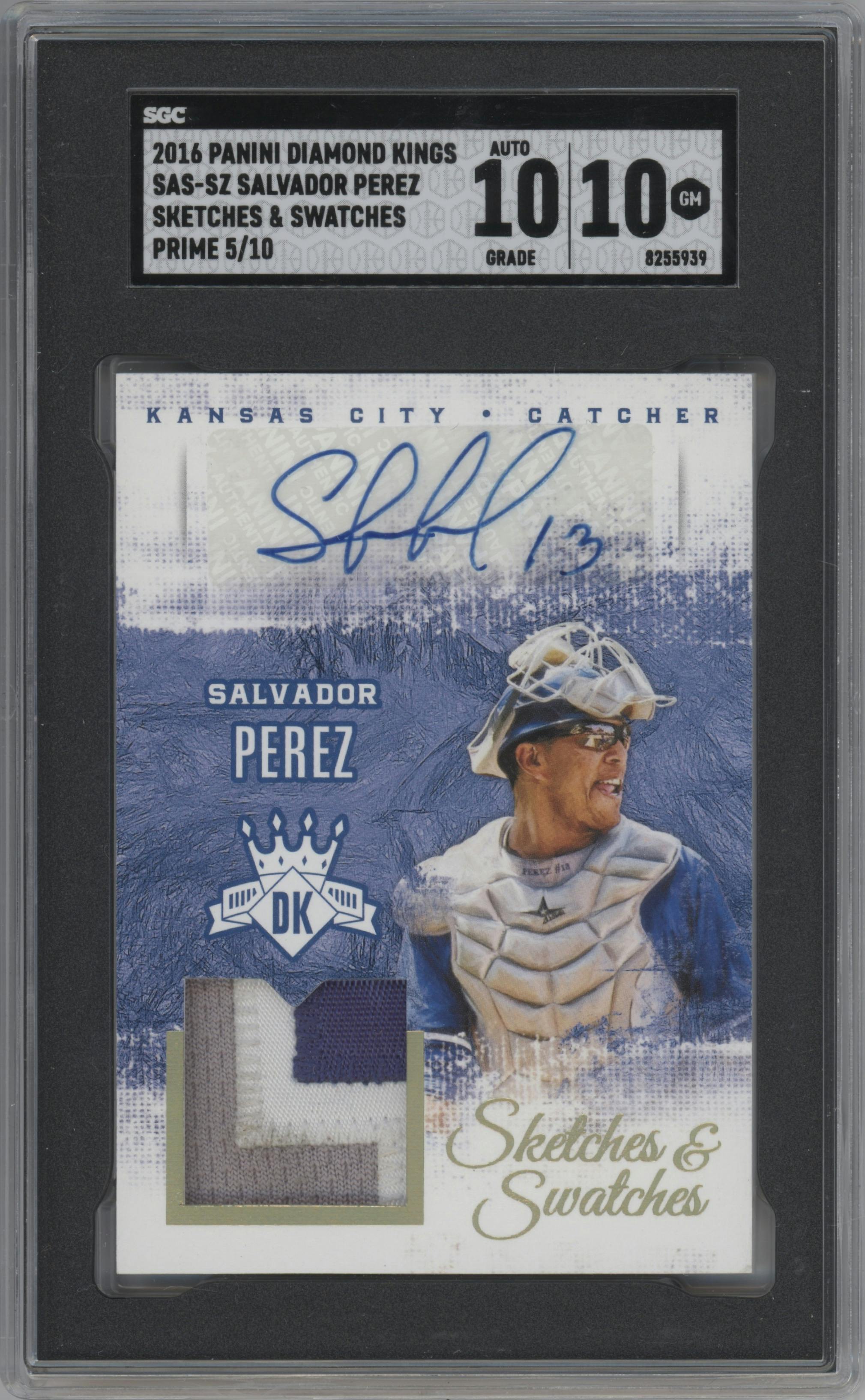 Salvador Perez from the 2016 Panini Diamond Kings set featuring a Prime parallel graded by SGC and given an overall grade of 10.